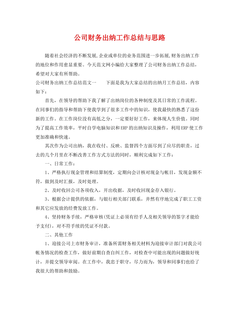 公司财务出纳工作总结与思路 _第1页
