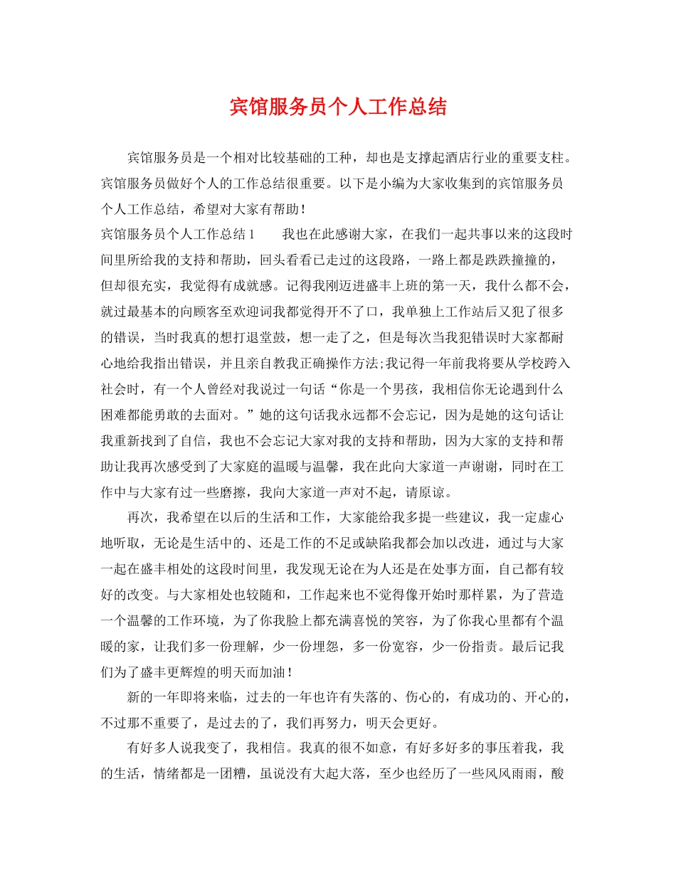 宾馆服务员个人工作总结 _第1页