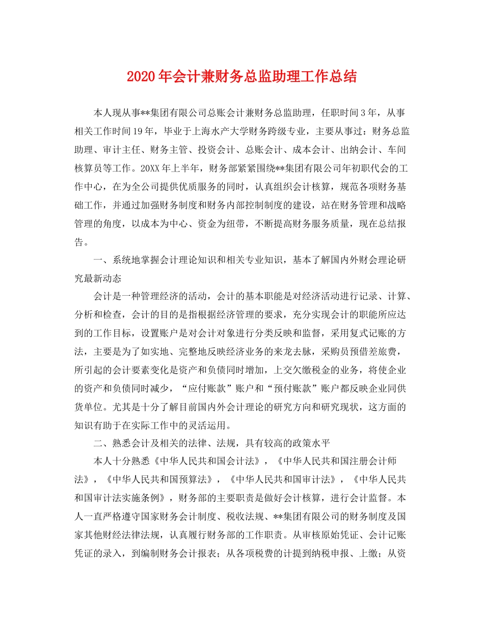 2020年会计兼财务总监助理工作总结 _第1页