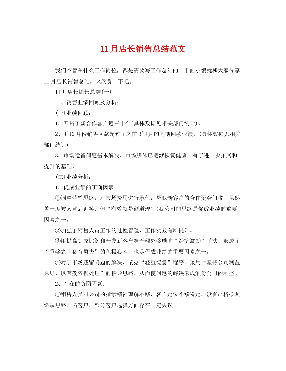 11月店长销售总结范文 _第1页