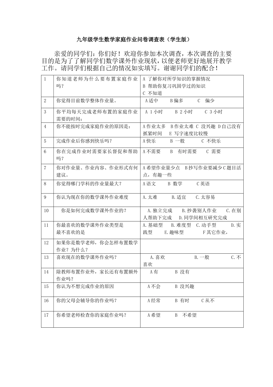 初中数学家庭作业学生问卷调查表_第1页