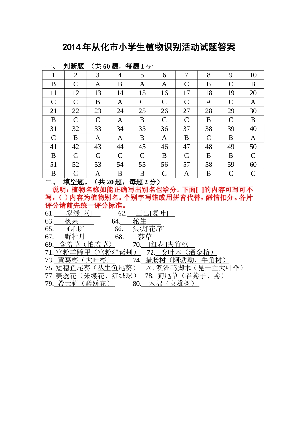 2014年从化市小学生植物识别知识活动试题答案_第1页