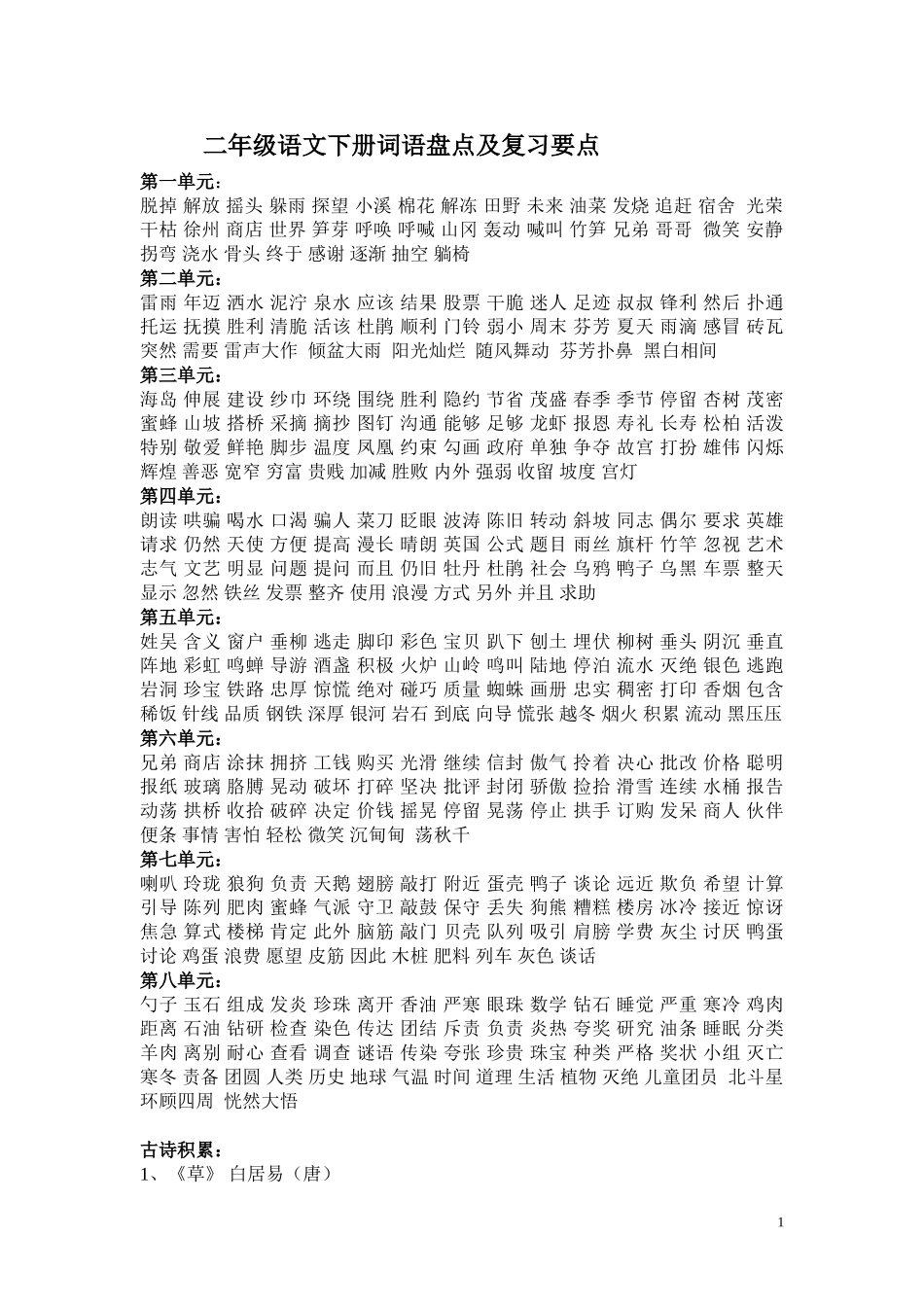 二年级语文下册词语盘点及复习要点_第1页