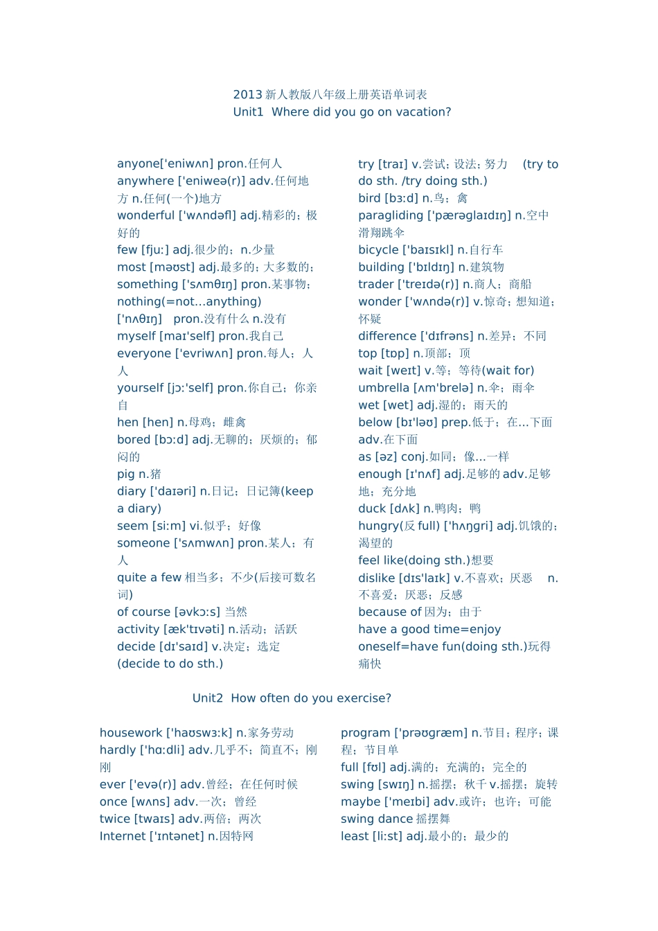 2013新人教版八年级上册英语单词表_第1页
