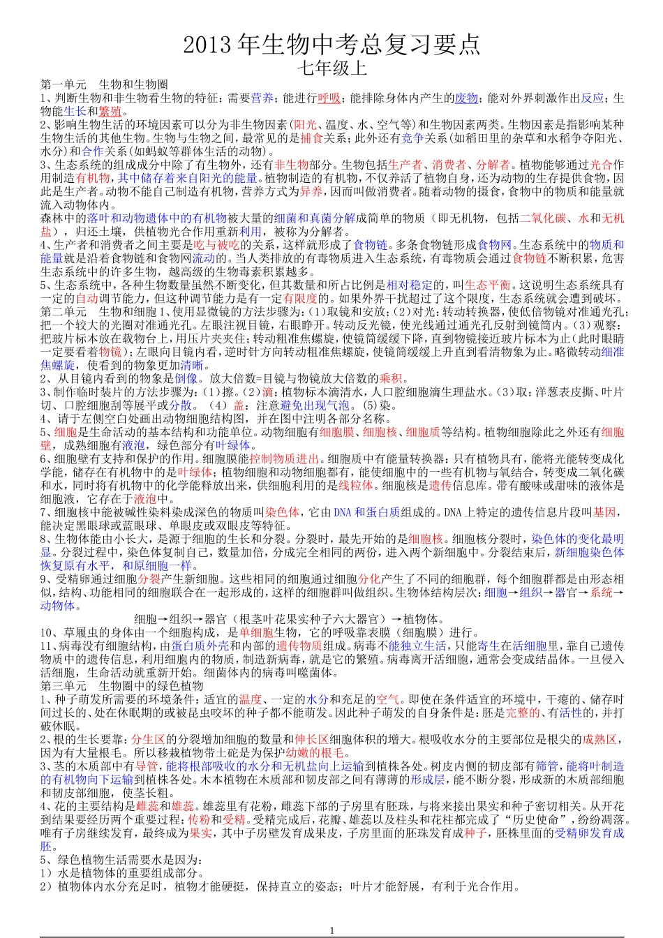 2013年生物中考总复习要点(A4打印版)_第1页
