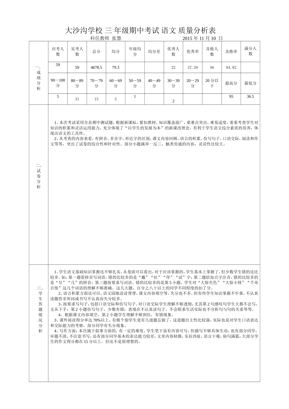 大沙沟学校三年级期中考试语文质量分析表_第1页