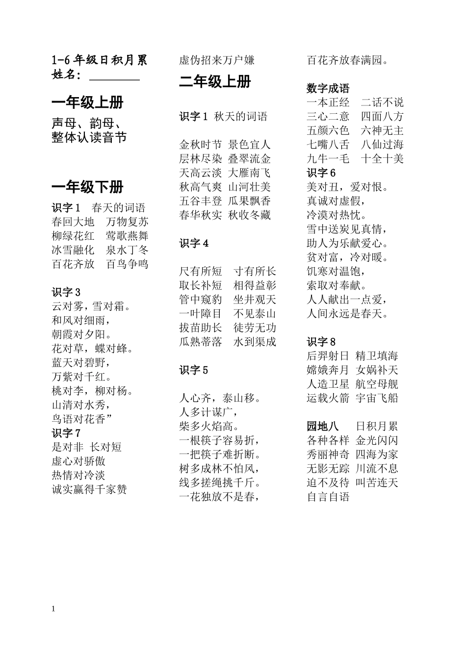 一年级至六年级知识文锦_第1页