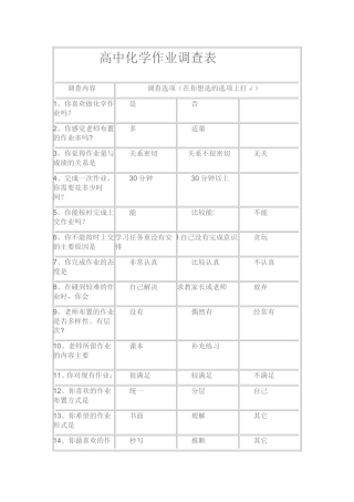 高中化学作业调查表