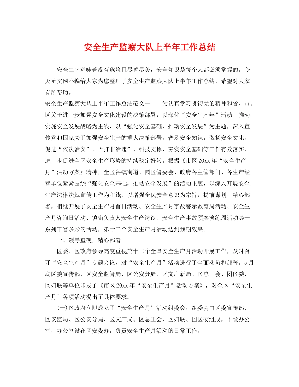 安全生产监察大队上半年工作总结 _第1页