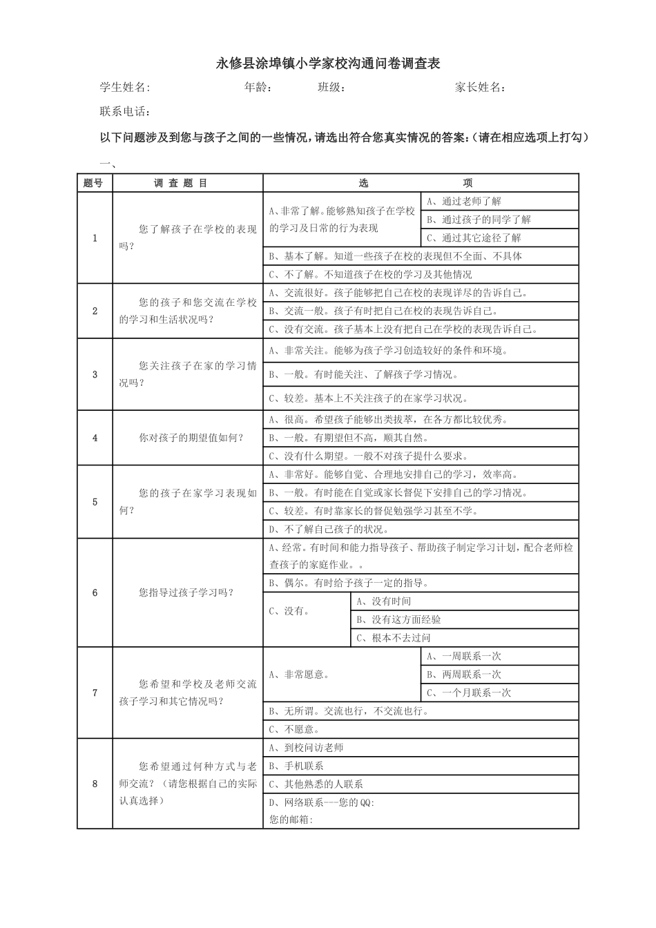 家校沟通问卷调查表 (3)_第1页