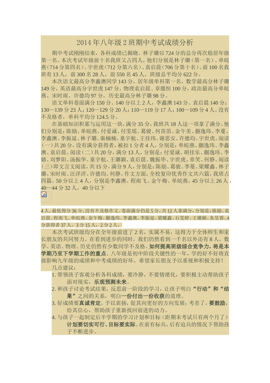 2014年八年级2班期中考试成绩分析_第1页
