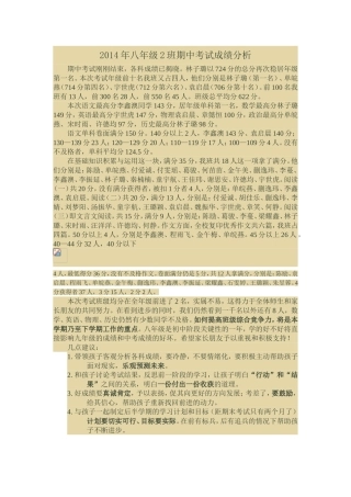 2014年八年级2班期中考试成绩分析