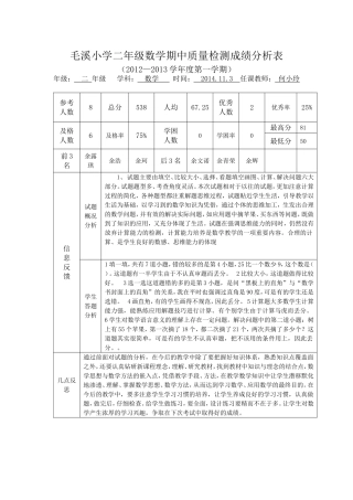 小学二年级数学期中成绩分析表