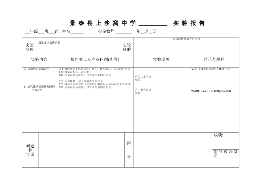 质量守恒定律实验实验报告_第1页