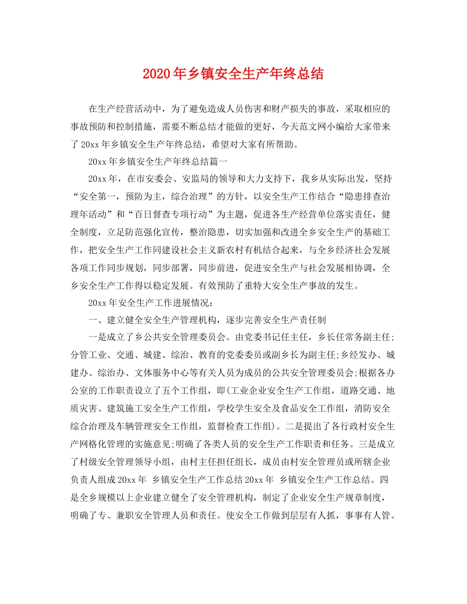 2020年乡镇安全生产年终总结 _第1页