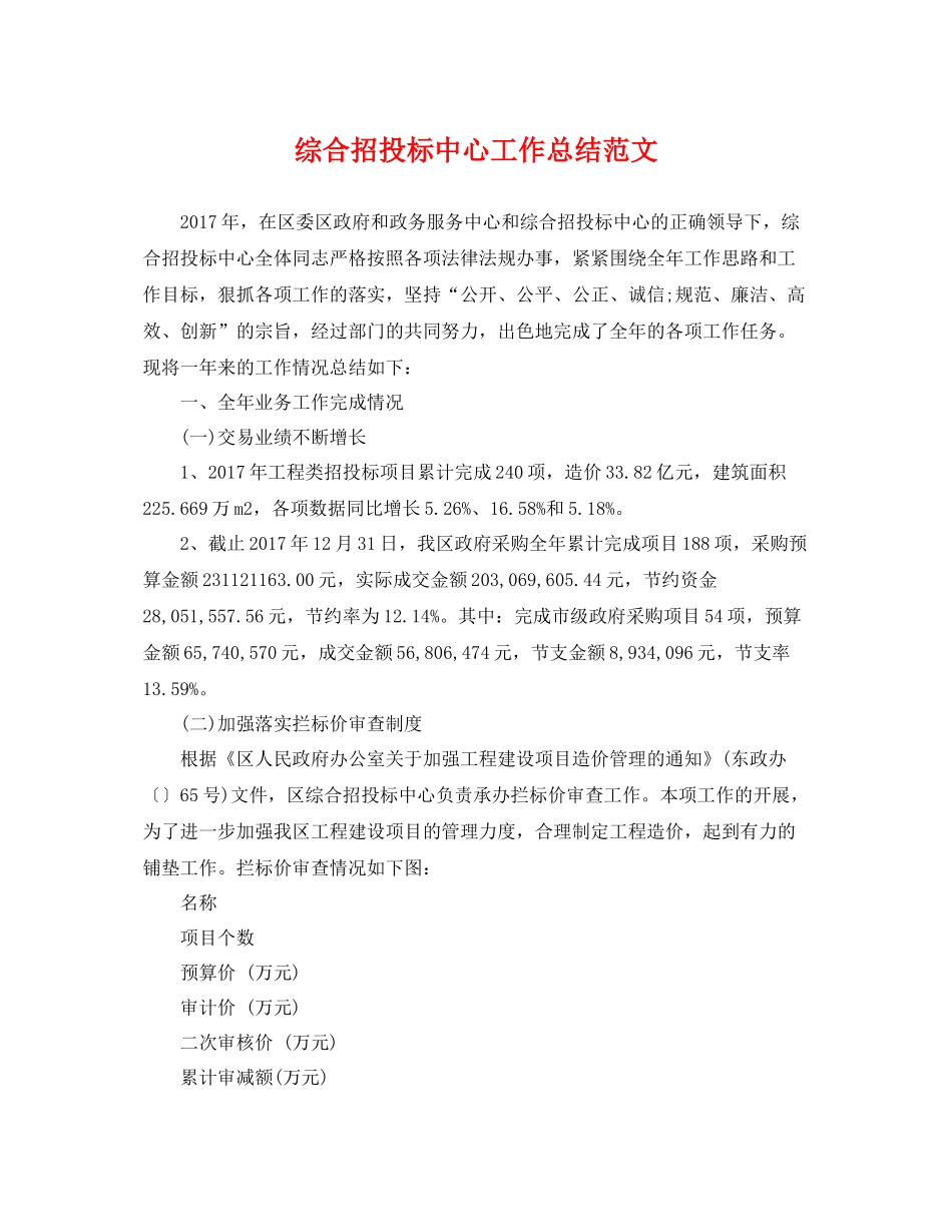 综合招投标中心工作总结范文 _第1页