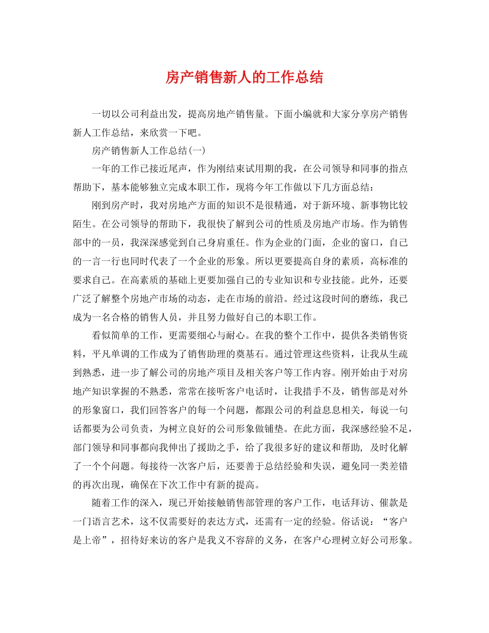 房产销售新人的工作总结 _第1页