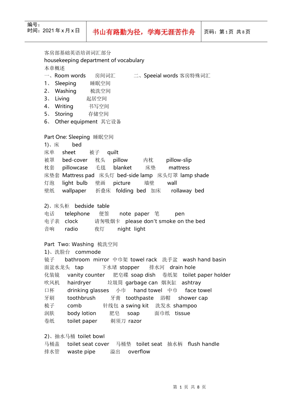客房部基础英语培训_第1页