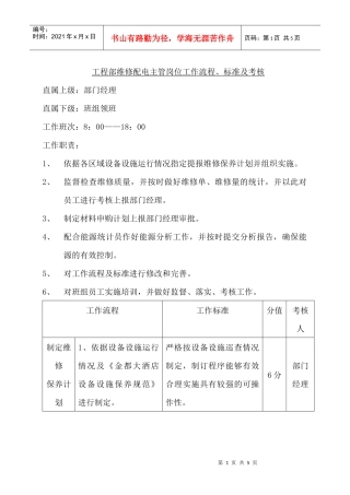 工程部维修配电主管岗位工作流程、标准及考核