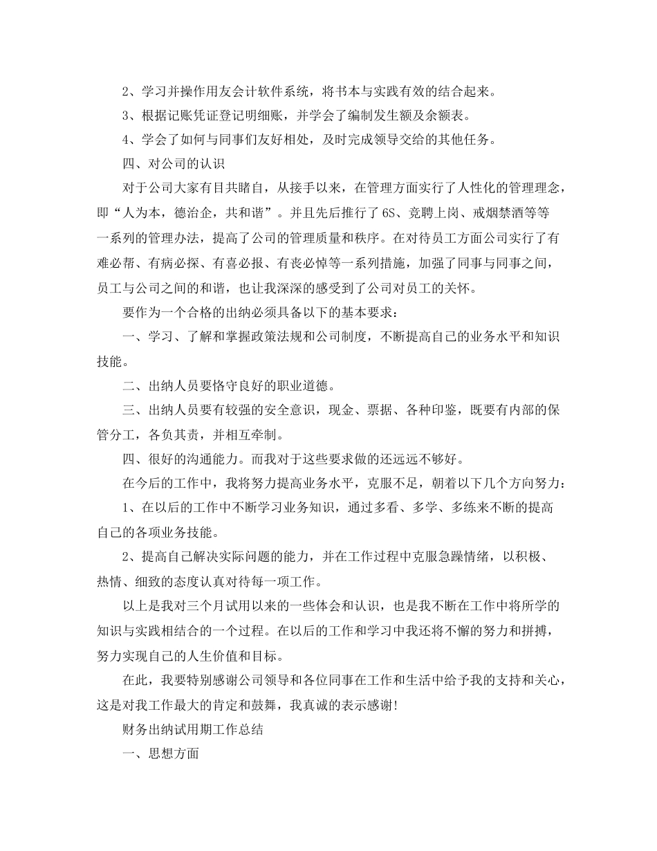 财务出纳试用期工作总结范文 _第2页