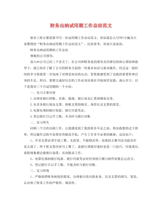 财务出纳试用期工作总结范文 