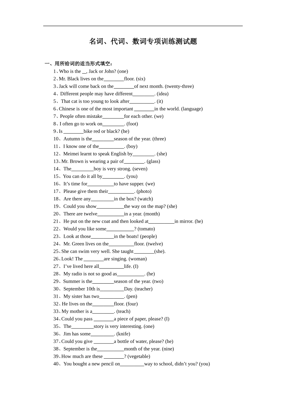 名词、代词、数词专项训练测试题_第1页
