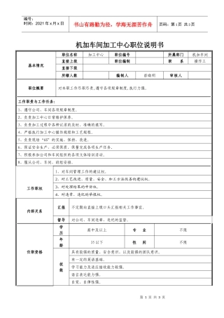 车间加工中心职位说明书