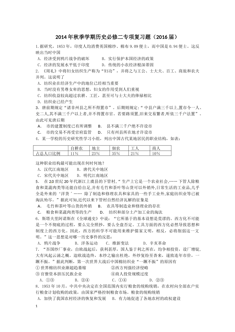 2014年历史必修二专项复习题_第1页