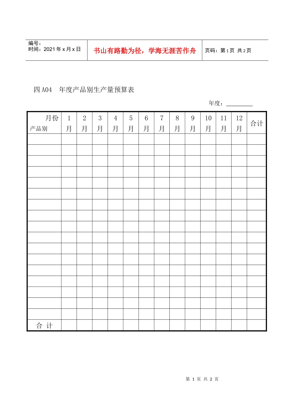A04年度产品别生产量预算表_第1页