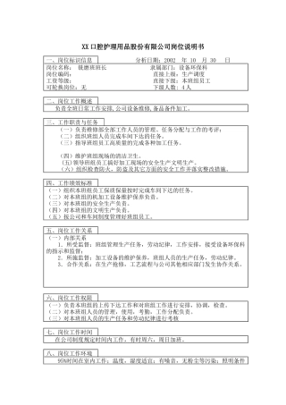 医药行业-设备环保科-铣磨班班长岗位说明书