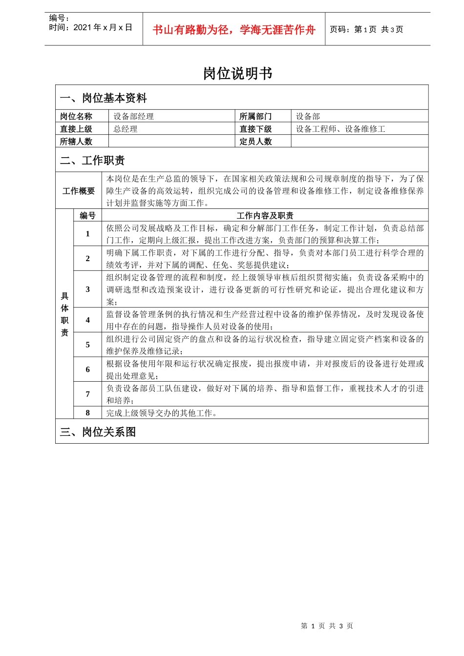 设备部经理岗位说明书_第1页