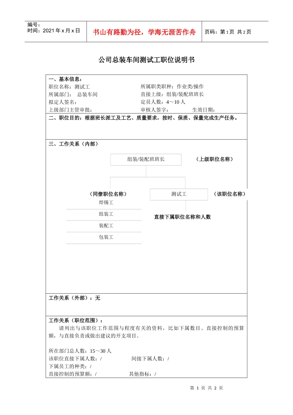 某大型汽车零部件公司总装车间测试工职位说明书_第1页