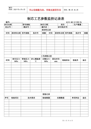 制芯工艺参数监控记录表-B2