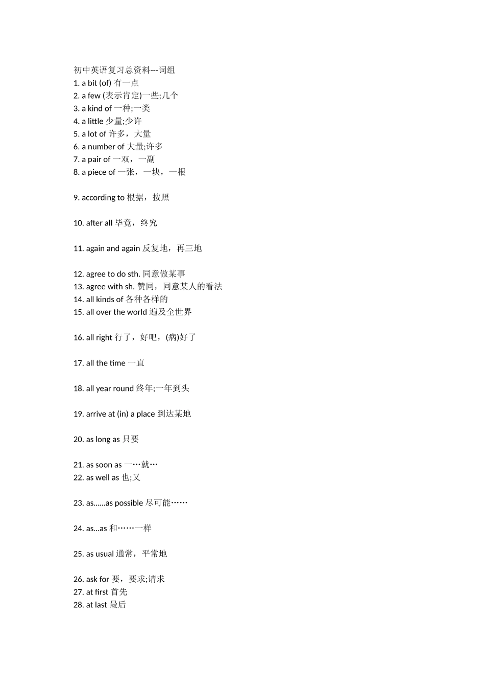 教学资源。初中英语复习总资料--词组_第1页