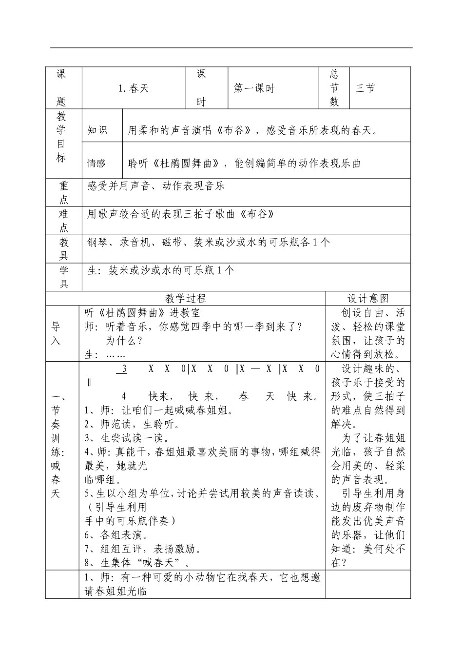 人音版一年级下音乐教案表格版_第1页