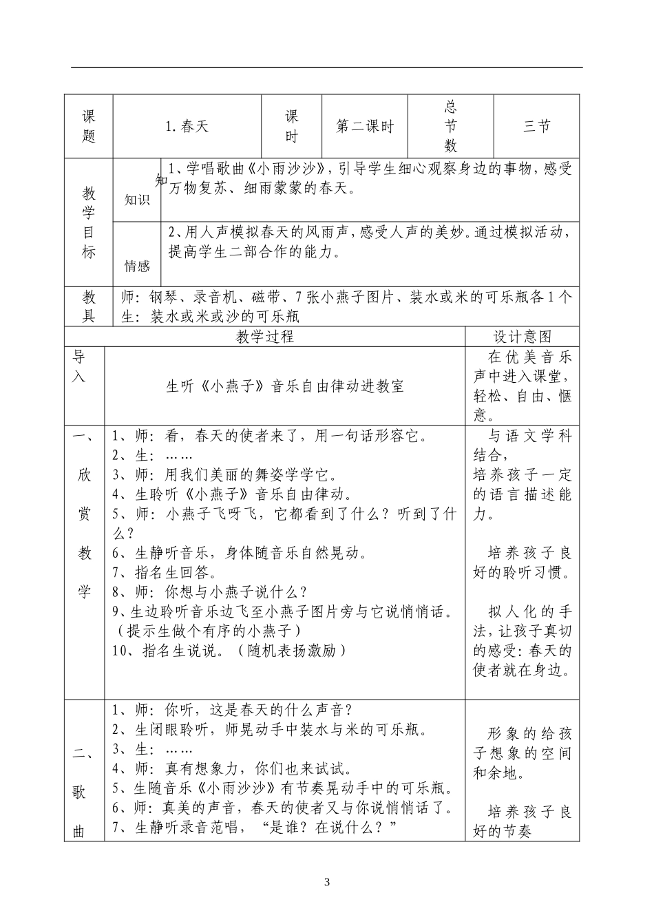 人音版一年级下音乐教案表格版_第3页