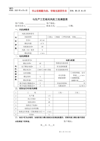 与生产工艺相关风机工况调查表客户名称：客户地址：技术负