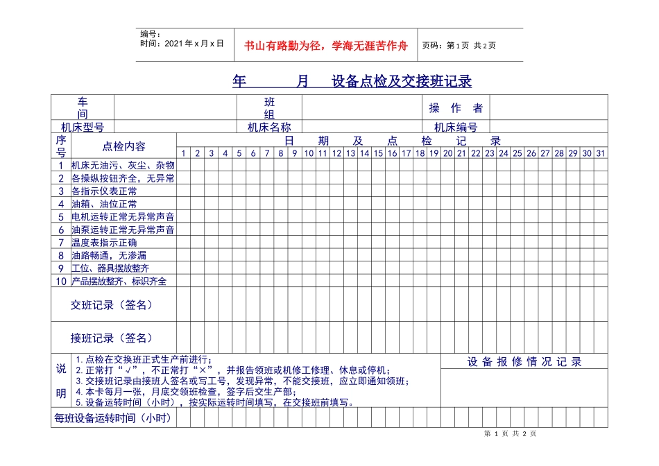 设备点检及交接班记录_第1页