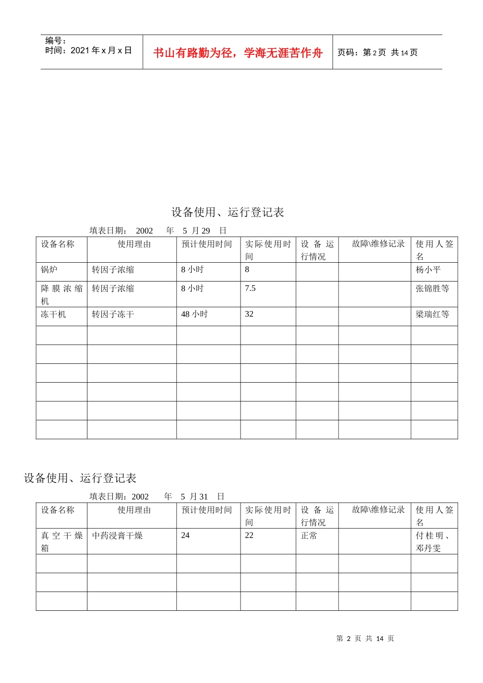 设备使用、运行登记表_第2页