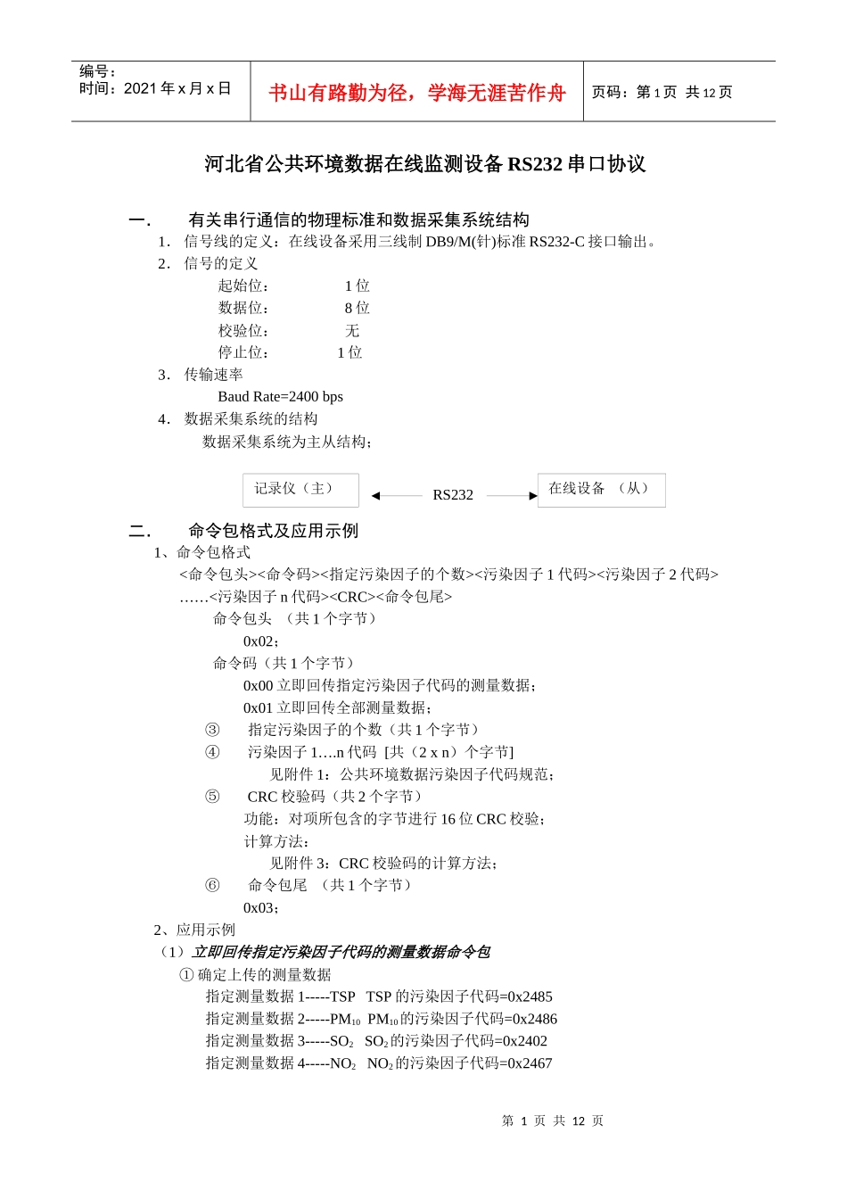河北省公共环境数据在线监测设备RS232串口协议_第1页