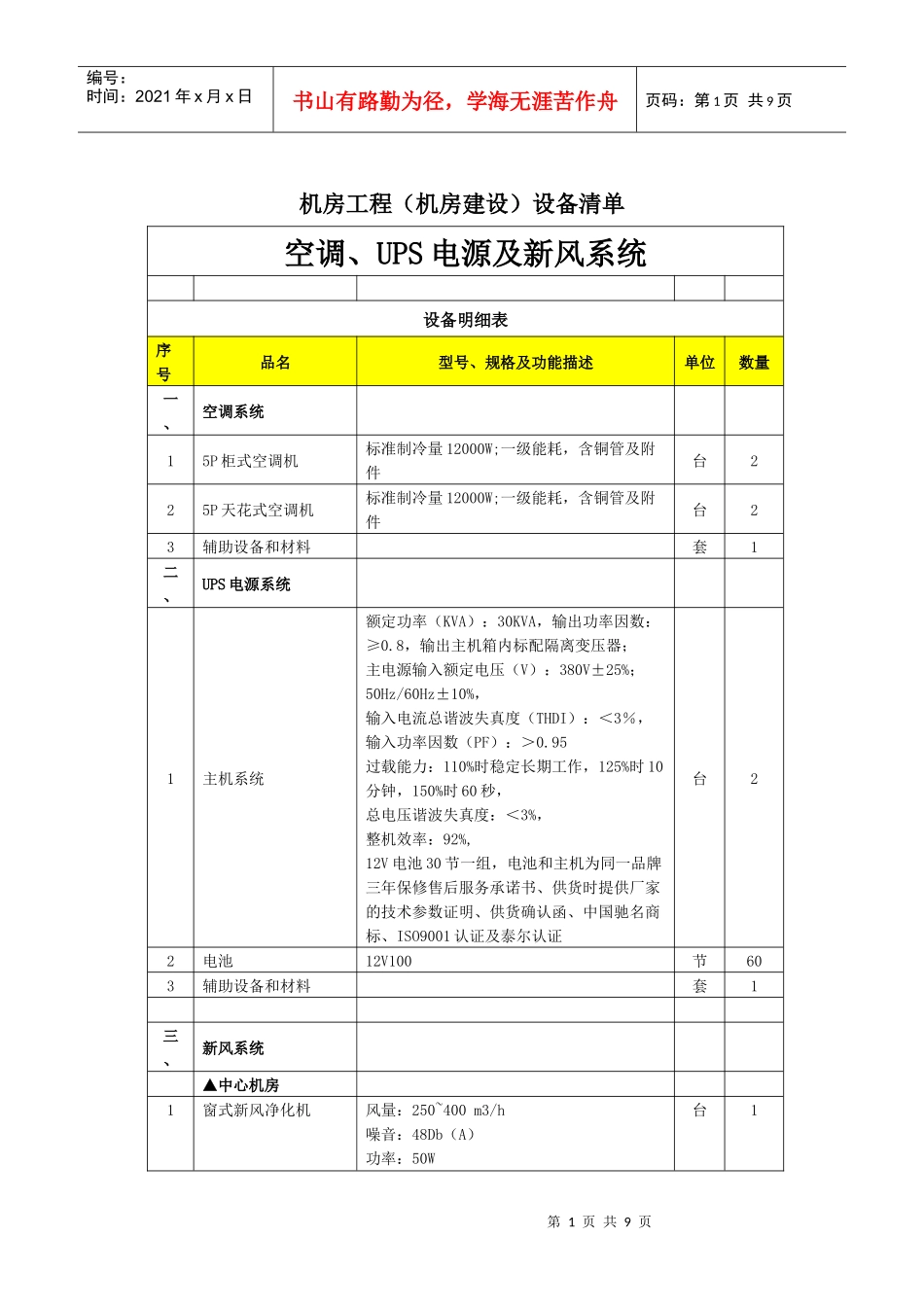 机房工程(机房建设)设备清单_第1页