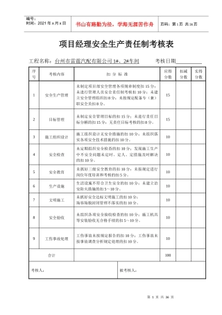 安全生产责任制考核表及目标责任制考核表