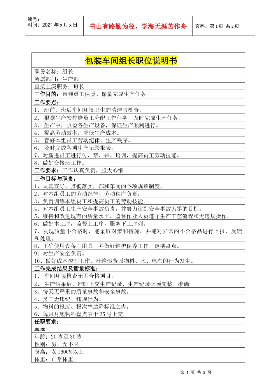 包装车间组长职位说明书_第1页