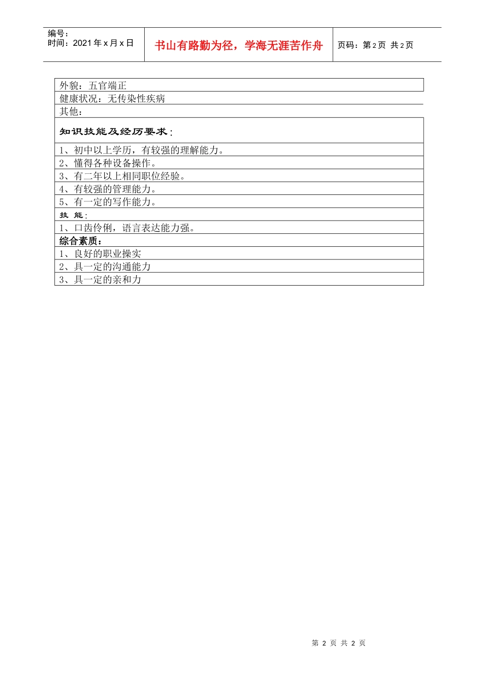 包装车间组长职位说明书_第2页