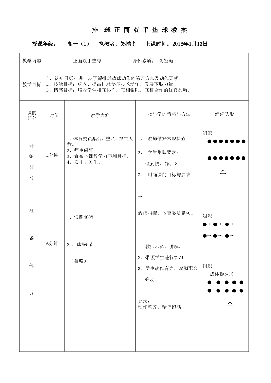 郑清芬排球正面双手垫球教案_第1页