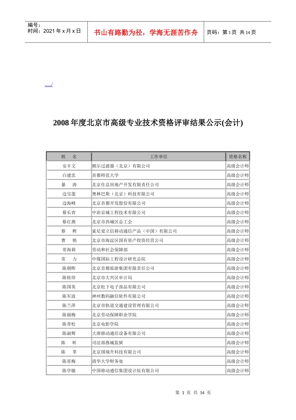 北京市年度高级专业技术资格评审结果公示_第1页