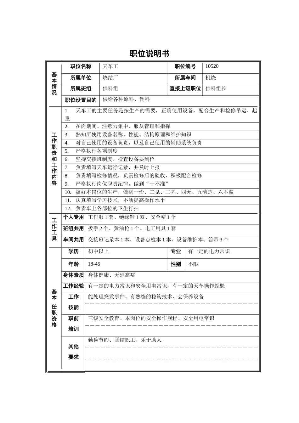 烧结厂机烧车间供料组天车工职位说明书_第1页