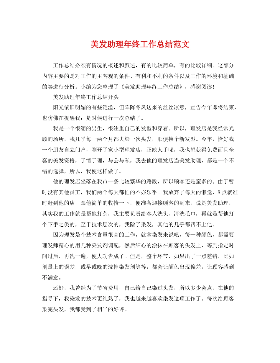 美发助理年终工作总结范文 _第1页
