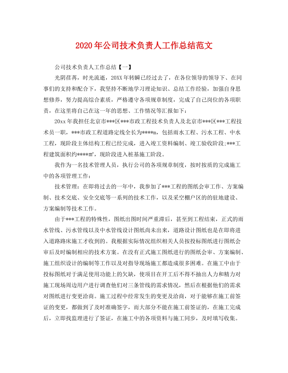2020年公司技术负责人工作总结范文 _第1页