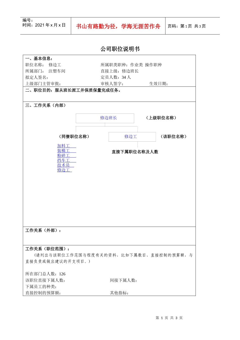 某大型汽车零部件公司注塑车间修边工职位说明书_第1页